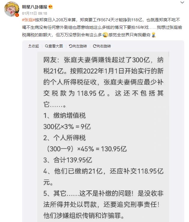 大陸網友推估張庭夫婦應補稅金額再掀熱議。（圖／翻攝自微博）