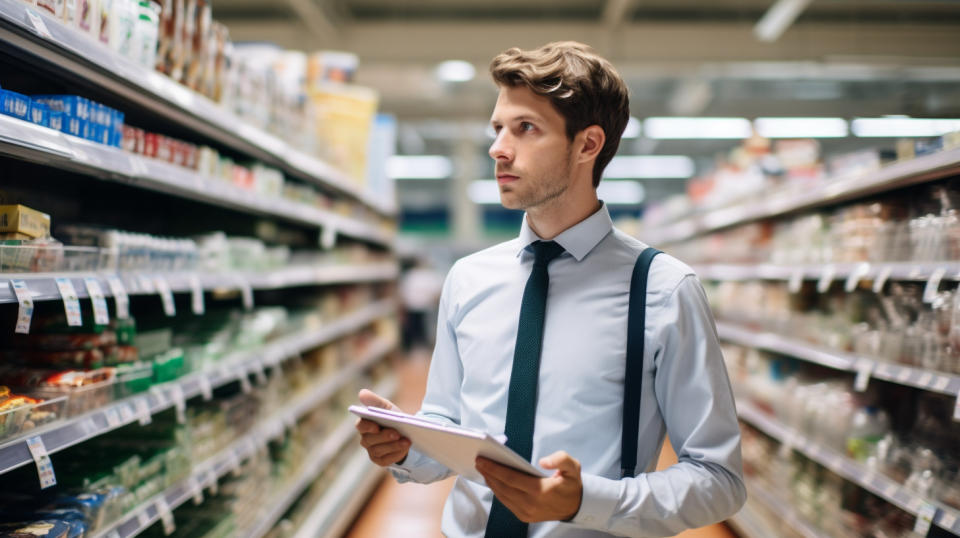 A manager standing in a hypermarket, pointing out items available for wholesale.