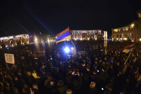 FILE PHOTO: People protest against the appointment of ex-president Serzh Sarksyan as the new prime minister and demand an early parliamentary election in Yerevan, Armenia April 20, 2018. Picture taken April 20, 2018. REUTERS/Hayk Baghdasaryan/Photolure