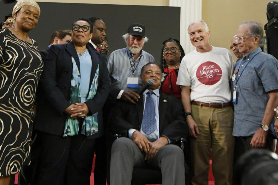 Rev. Jesse Jackson announces that he is stepping down as the president of Rainbow PUSH Coalition, Saturday, July 15, 2023, in Chicago. (AP Photo/Paul Beaty)