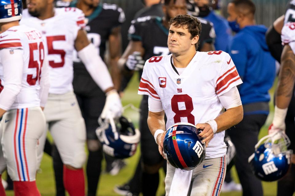 New York Giants quarterback Daniel Jones (8) looks on following the NFL football game against the Philadelphia Eagles, Thursday, Oct. 22, 2020, in Philadelphia. (AP Photo/Chris Szagola)