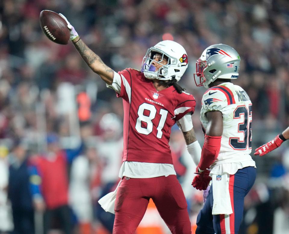 Dec 12, 2022; Glendale, Ariz., USA;  Arizona Cardinals wide receiver Robbie Anderson (81) celebrates after a catch against the New England Patriots during the second quarter at State Farm Stadium. Mandatory Credit: Michael Chow-Arizona Republic