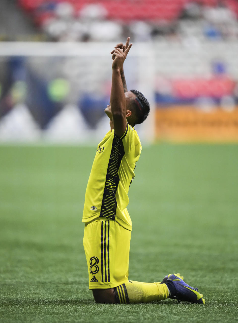 Nashville FC's Randall Leal celebrates his goal against the Vancouver Whitecaps during first-half MLS soccer match action in Vancouver, British Columbia, Saturday, Aug. 27, 2022. (Darryl Dyck/The Canadian Press via AP)