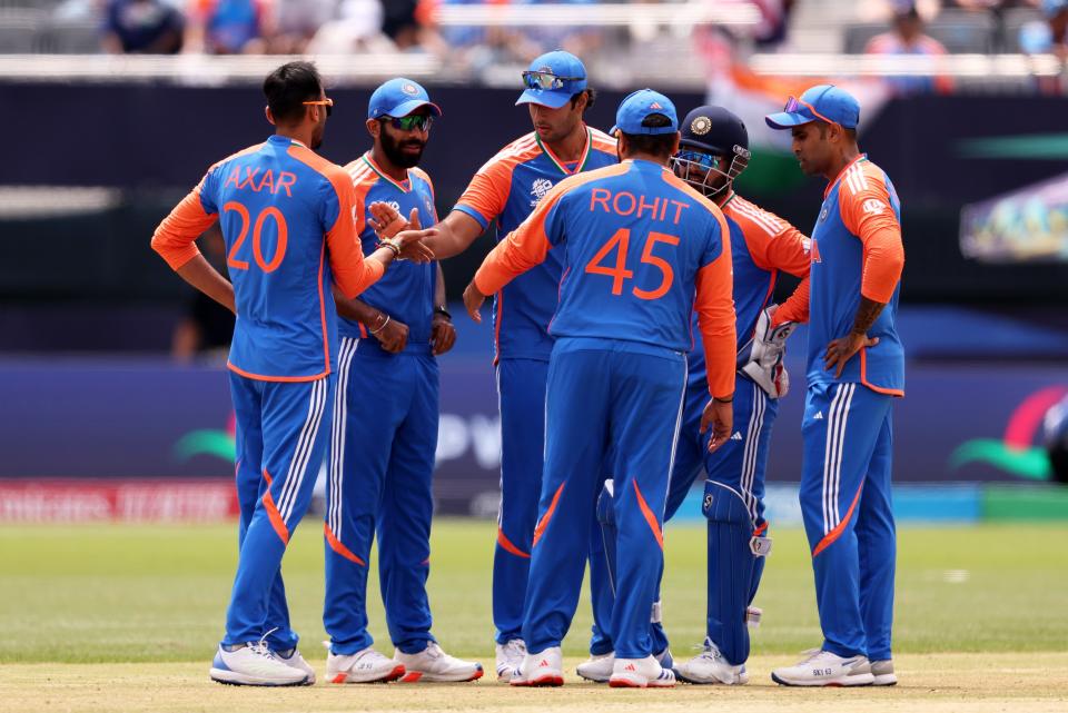 Axar Patel of India celebrate with teammates after dismissing Steven Taylor of the USA during the ICC Men's T20 Cricket World Cup West Indies & USA 2024 match between USA and India at Nassau County International Cricket Stadium on June 12, 2024 in New York, New York.