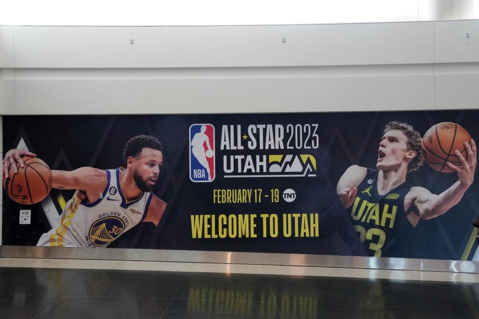 Signs welcome fans to Salt Lake City for the 2023 NBA ALl-Star Weekend.