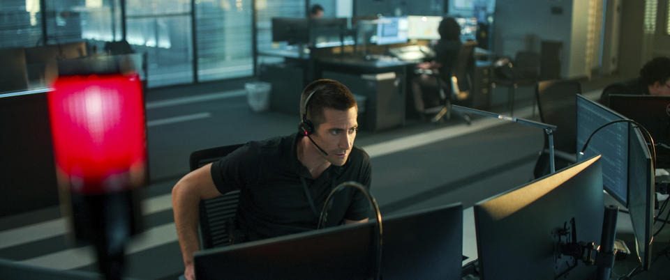 This image released by Netflix shows Jake Gyllenhaal in a scene from "The Guilty." (Netflix via AP)