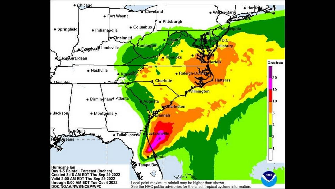 A tropical storm warning is in effect for a large part of the North Carolina coast as Tropical Storm Ian remains on track to cross the state, bringing a deluge of rain and 50 mph gusts, according to the National Weather Service.