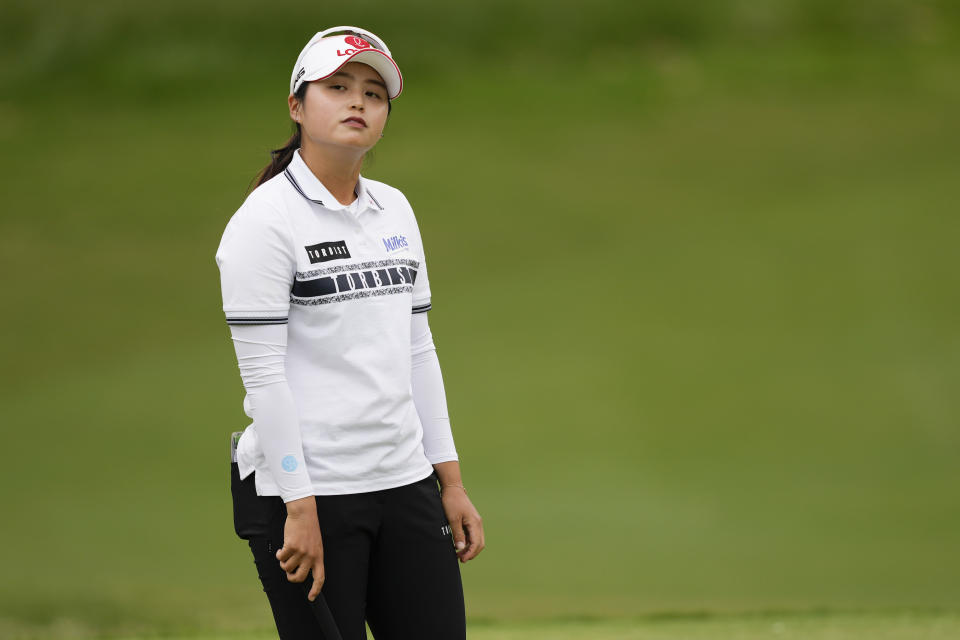 Hye-Jin Choi, of South Korea, reacts after missing a putt on the seventh hole during the final round of the Chevron Championship women's golf tournament at The Club at Carlton Woods on Sunday, April 23, 2023, in The Woodlands, Texas. (AP Photo/David J. Phillip)