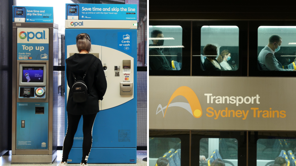 A composite image of a woman using an Opal top up machine at a Sydney train station and people sitting on a train with the Transport Sydney Trains logo.