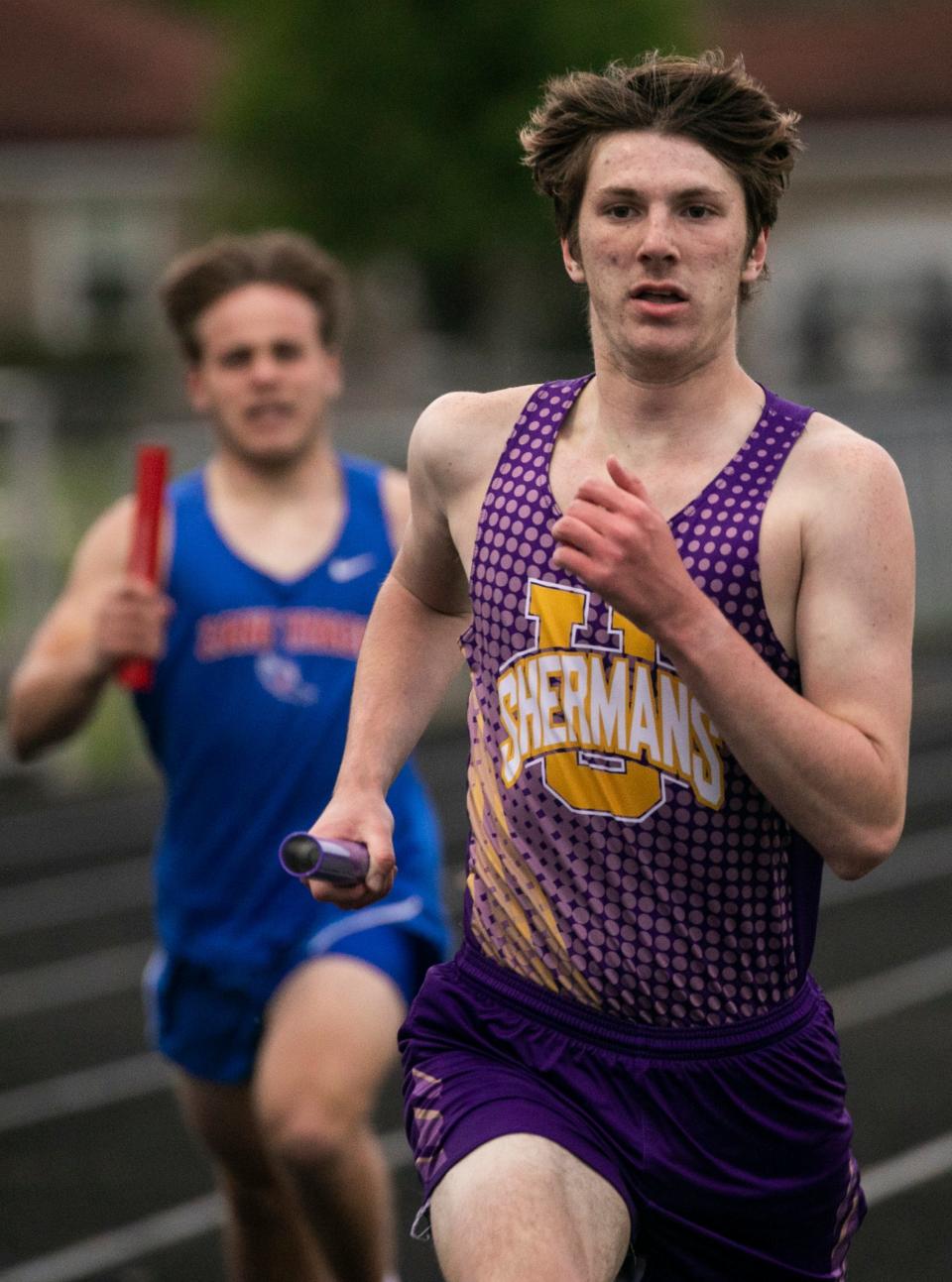 Unioto's JJ LaRue competes in the Boys 4X400 Relay during the Ross County Track and Field Meet at Adena High School on May 2, 2023, in Frankfort, Ohio.