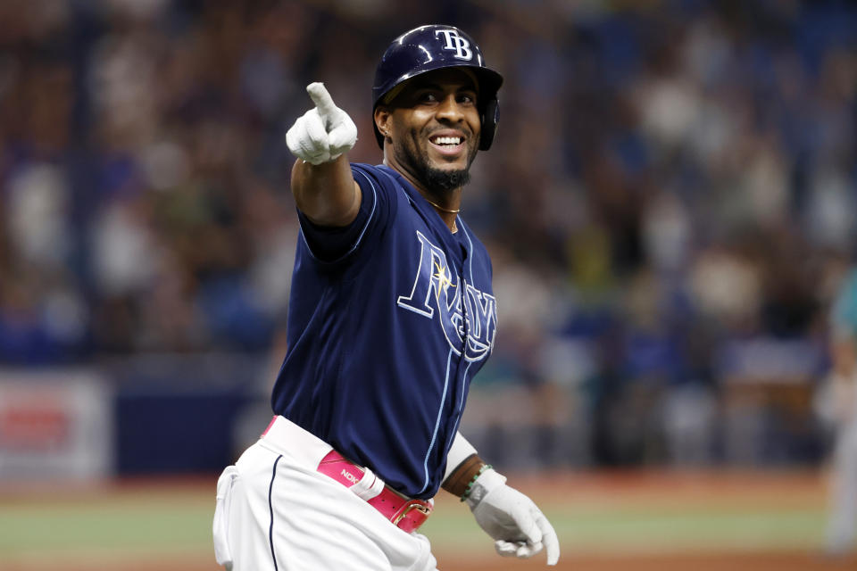 Tampa Bay Rays' Yandy Diaz reacts after hitting a walk off two-run home run against the Seattle Mariners during a baseball game Saturday, Sept. 9, 2023, in St. Petersburg, Fla. (AP Photo/Scott Audette)