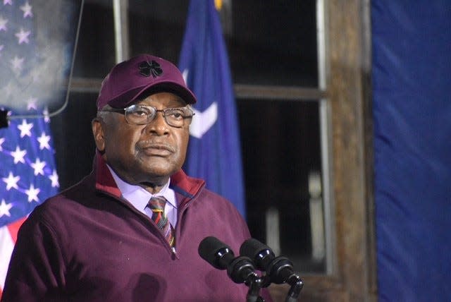 Rep. James Clyburn, a Democrat from South Carolina, spoke at a watch party for Senate candidate Jaime Harrison, Nov. 4, 2020. Clyburn said there should be more efforts to address voting rights concerns.