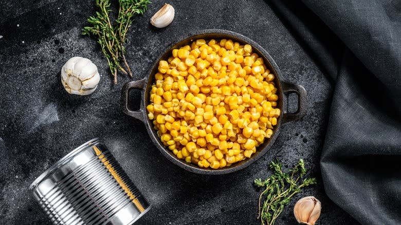 corn in skillet with ingredients