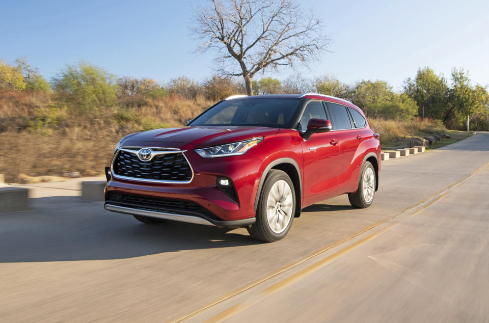 This photo provided by Toyota shows the 2021 Toyota Highlander Hybrid, one of the few three-row hybrid vehicles on sale today. (Toyota Motor North America via AP)