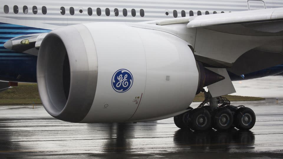 A General Electric GE9X engine is pictured on a Boeing 777X airplane as it taxis for the first flight, which had to be rescheduled due to weather, at Paine Field in Everett, Washington on January 24, 2020. - Jason Redmond/AFP/Getty Images