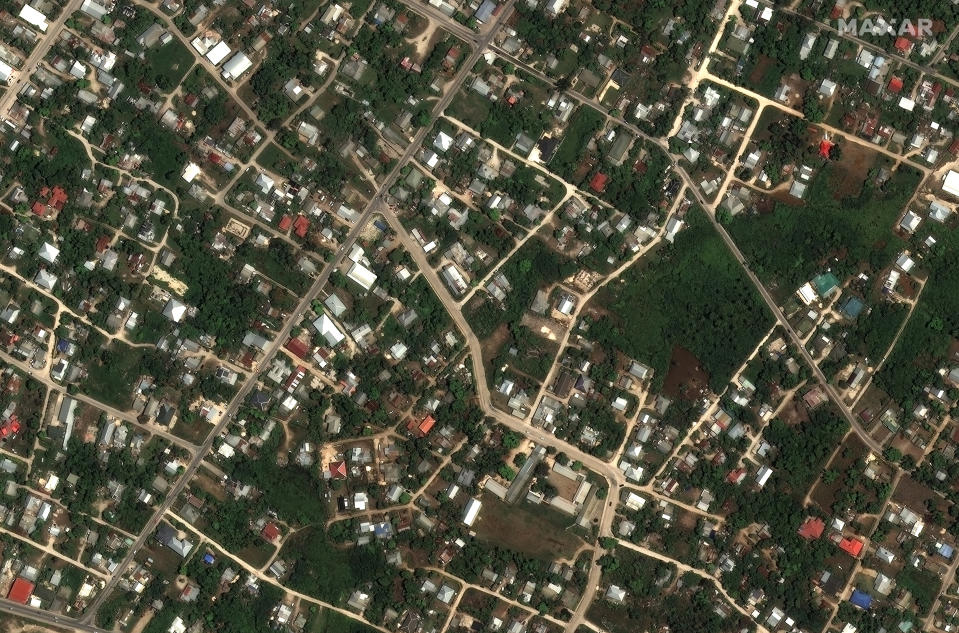 This satellite image provided by Maxar Technologies shows homes and buildings in Tonga on Dec. 29, 2021. (Satellite image ©2022 Maxar Technologies via AP)