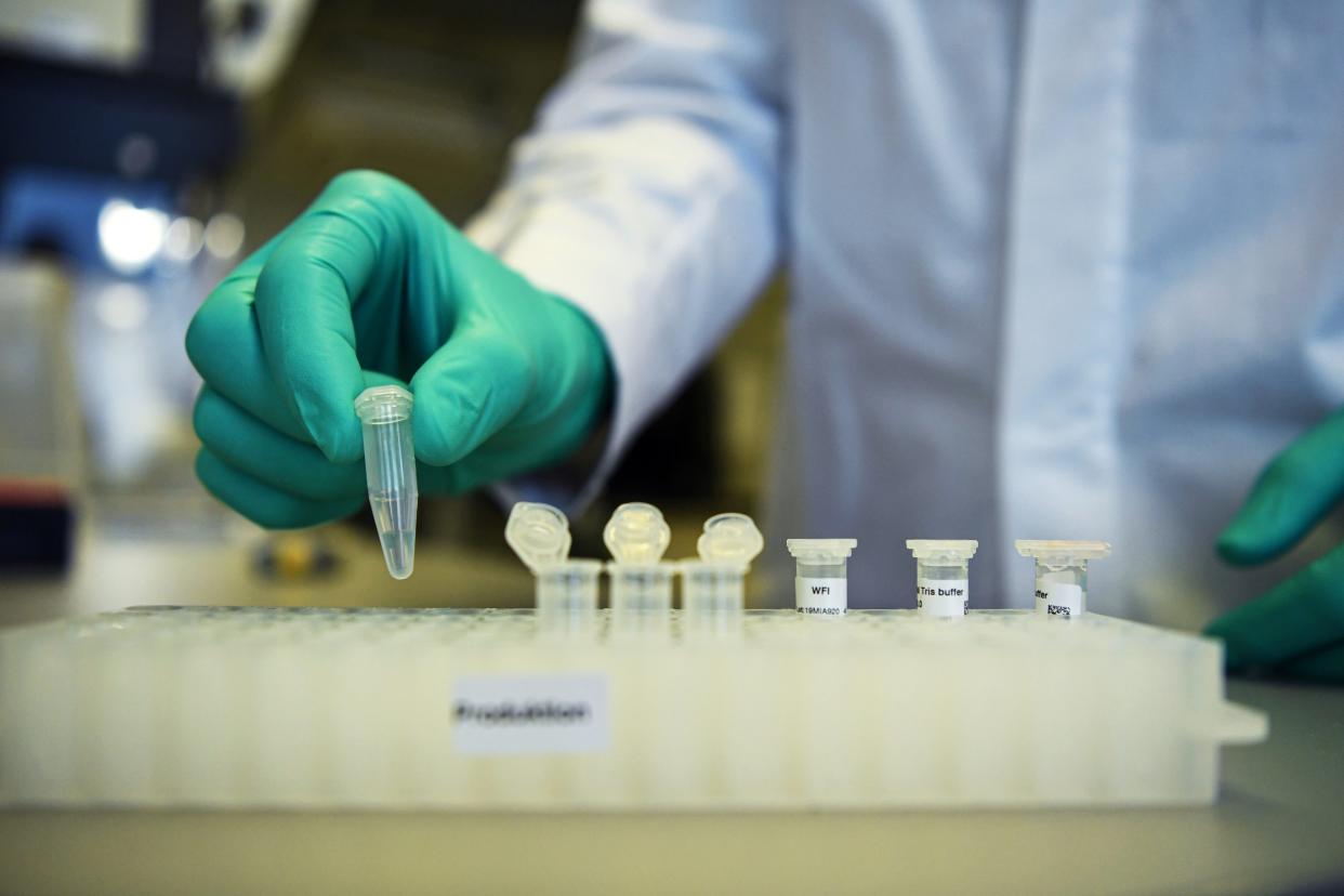 Employee Philipp Hoffmann, of German biopharmaceutical company CureVac, demonstrates research workflow on a vaccine for the coronavirus (COVID-19) disease at a laboratory in Tuebingen, Germany, March 12, 2020. Picture taken on March 12, 2020. REUTERS/Andreas Gebert