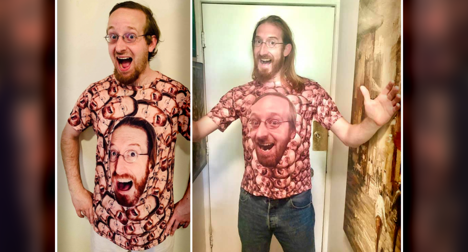 Zach (left) an Conor (right) wearing shirts with each other's faces on them. Source: Supplied