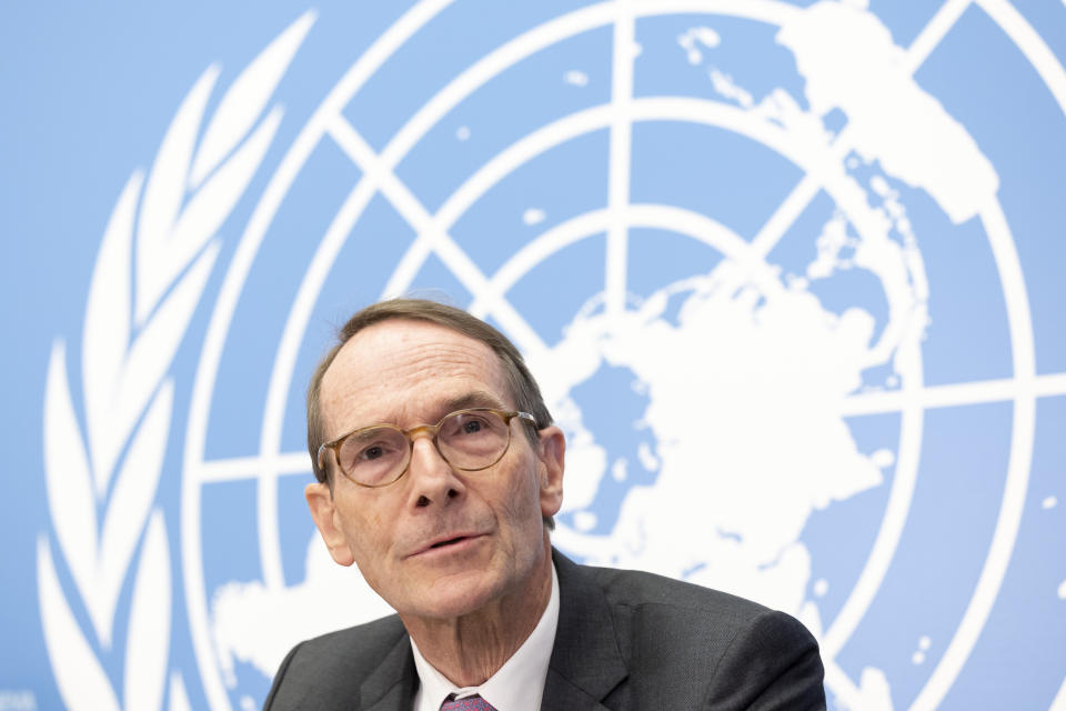 Erik Mose, Chair of the Commission of Inquiry on Ukraine, talks to the media during a press conference following an update to the UN Human Rights Council, at the European headquarters of the United Nations in Geneva, Switzerland, Friday, Sept. 23, 2022. A team of experts commissioned by the U.N.’s top human rights body to look into rights violations in Ukraine said Friday its initial investigation turned up evidence of war crimes in the country following Russia’s invasion nearly seven months ago. (Salvatore Di Nolfi/Keystone via AP)