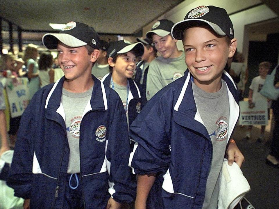 In Aug. of 2002 members of the Westside All-Stars Patton Eagle, 12, left, Robbby Lebus, 11, Jack Huckabay, 12, and Mark Grace, 12, returned to DFW after playing in the Little League World Series. Their season and run to the LLWS is becoming a Hollywood motion picture starring Luke Wilson and Greg Kinnear. Ron T. Ennis/Fort Worth Star-Telegram archives