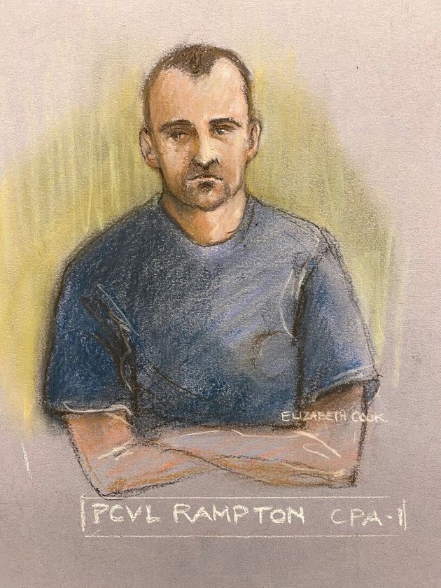 Court artist sketch by Elizabeth Cook of Metropolitan police officer David Carrick, appearing at Westminster Magistrates' Court, London