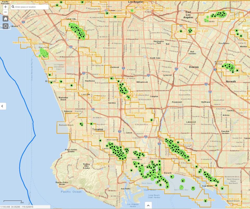 A state app called Well Finder locates active oil wells. Gov. Gavin Newsom has proposed phasing out oil extraction statewide by 2045. <a href="https://maps.conservation.ca.gov/doggr/wellfinder/#openModal/-118.00909/33.92186/12" rel="nofollow noopener" target="_blank" data-ylk="slk:State of California 2022;elm:context_link;itc:0;sec:content-canvas" class="link ">State of California 2022</a>