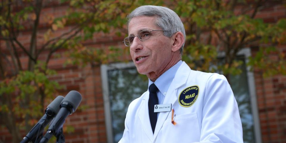 Dr. Anthony Fauci, Director of the National Institute of Allergy and Infectious Diseases, speaks to members of the media at the National Institutes of Health October 24, 2014 in Bethesda, Maryland.