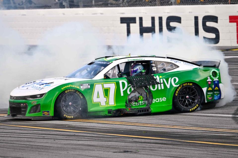 ricky stenhouse jr, driver of the 47 kroger palmolive jtg daugherty racing chevrolet camaro zl1, celebrates his victory sunday, october 6, 2024, after winning the nascar cup series yellawood 500 at talladega superspeedway in talladega, alabama photo by jacy norgaardhhp for chevy racing