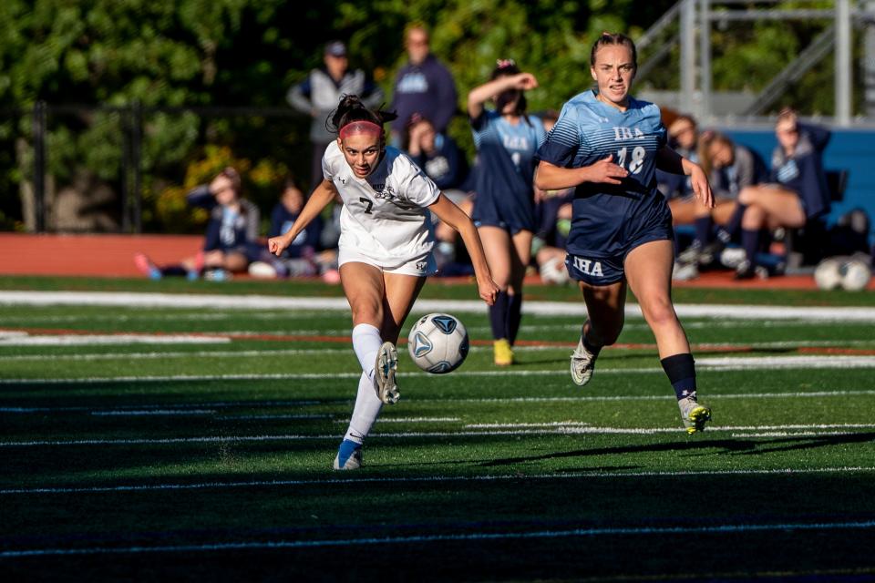 IHA plays River Dell in the Bergen County girls soccer quarterfinals at Indian Hills High School in Oakland, NJ on Saturday October 8, 2022. (From left) RD #7 Brianna Azevedo and IHA #18 Lindsay Ford. 