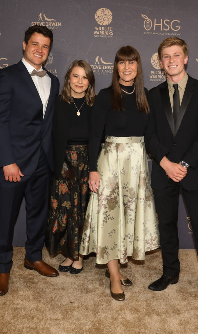 LOS ANGELES, CALIFORNIA – MAY 06: (L-R) Chandler Powell, Bindi Irwin, Terri Irwin and Robert Clarence Irwin attend the 2023 Steve Irwin Gala Dinner at SLS Hotel, a Luxury Collection Hotel, Beverly Hills on May 06, 2023 in Los Angeles, California. <em>Photo by Paul Archuleta/Getty Images.</em>