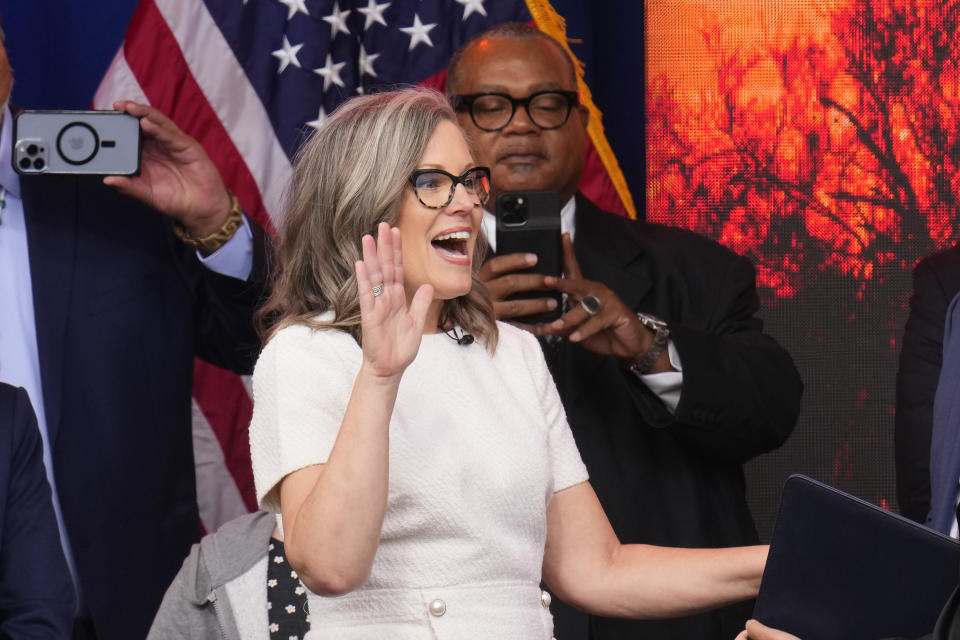 Arizona Democratic Gov. Katie Hobbs takes the ceremonial oath of office during a public inauguration at the state Capitol in Phoenix, Thursday, Jan. 5, 2023. (AP Photo/Ross D. Franklin)