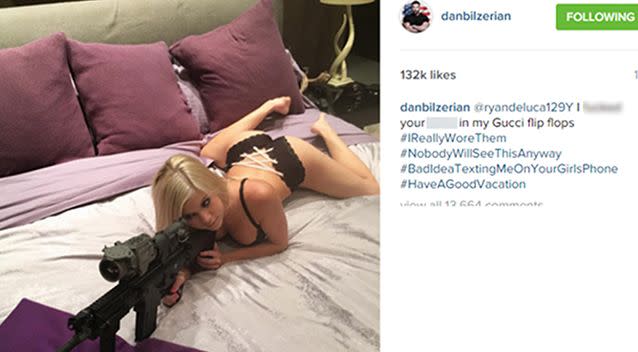 The post, which has since been deleted, where Bilzerian claims he slept with Ryan DeLuca's wife. Photo: Instagram
