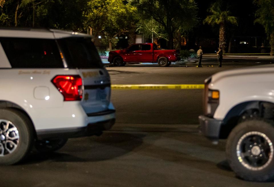 Riverside County Sheriff's Deputies with the forensics team investigate a crime scene at the Hovley Soccer Park in Palm Desert, Calif., Friday, Sept. 13, 2024.