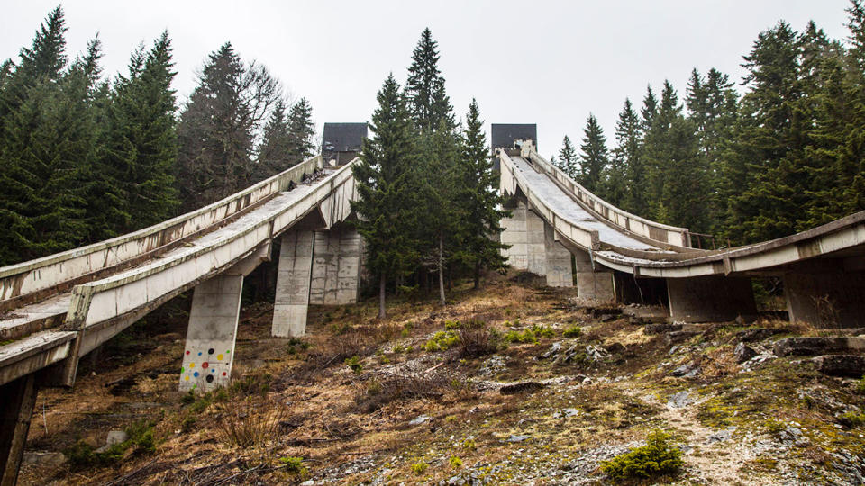 The giant ski jumps, pictured here in Sarajevo.