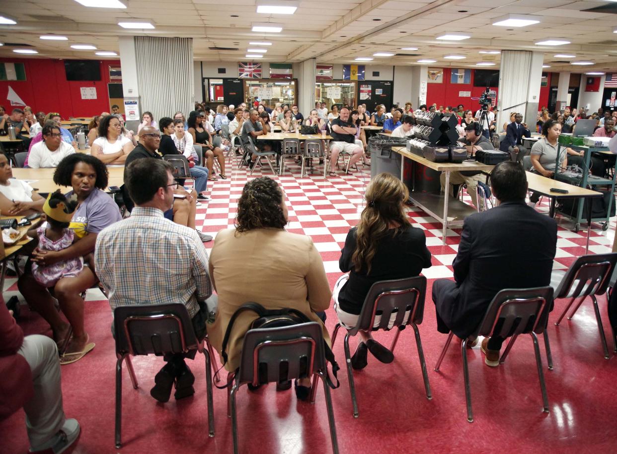 4 members of the Brockton School Committee face tough questions from the parents of Brockton High School students at the School Committee Open Forum at Brockton High School on Tuesday, July 11, 2023.