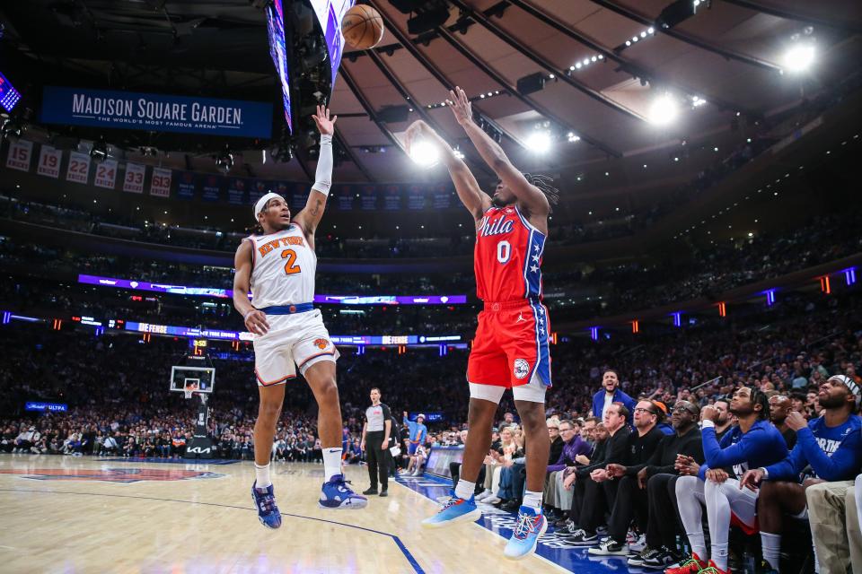 Apr 20, 2024; New York, New York, USA; Philadelphia 76ers guard Tyrese Maxey (0) and New York Knicks guard Miles McBride (2) during game one of the first round for the 2024 NBA playoffs at Madison Square Garden. Mandatory Credit: Wendell Cruz-USA TODAY Sports