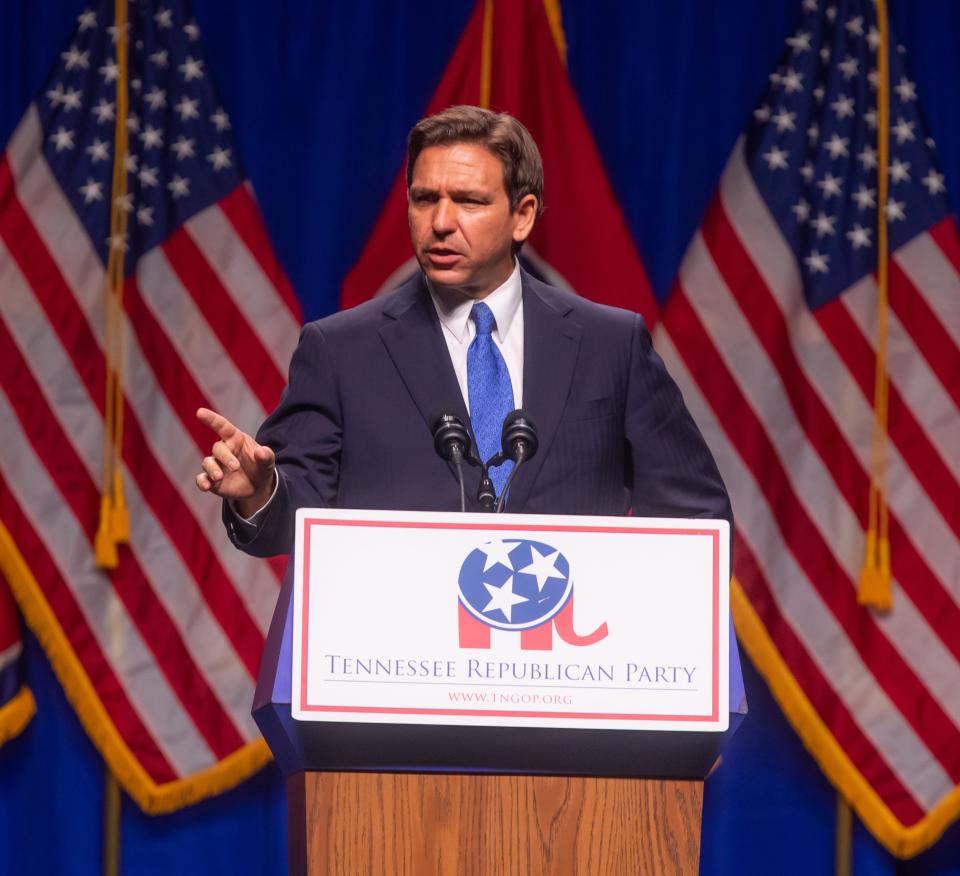 Gov. Ron DeSantis spoke at the Tennessee Republican Party’s Statesmen's Dinner on July 15 at Music City Center in Nashville, where he touted his record fighting "woke ideology" in Florida and took swings at his GOP primary rival, former President Donald Trump.