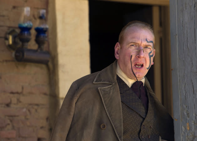 Adrian Scarborough sporting a facial tattoo and look of confused horror. His character is called Kahler-Jex, which we're guessing isn't a name of American mid-west origin.