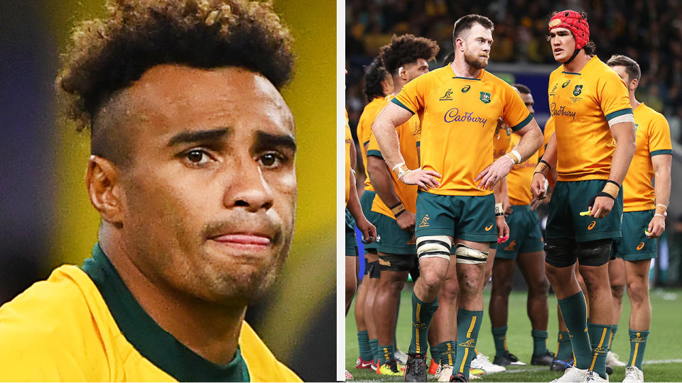 Wallabies great Will Genia is pictured left, with the present team looking dejected on the right.