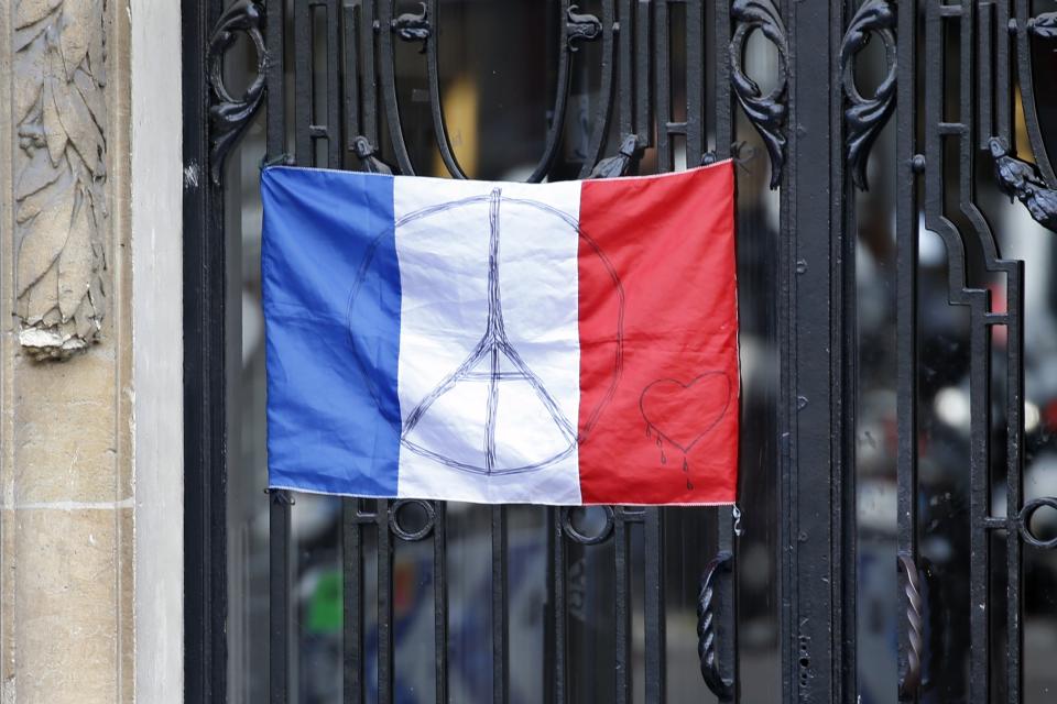 A French flag with the sign of a peace symbol with the Eiffel Tower is seen at the main entrance of an apartment building in Paris, France November 26, 2015. The French President called on all French citizens to hang the tricolour national flag from their windows on Friday to pay tribute to the victims of the Paris attacks. (REUTERS/Charles Platiau)