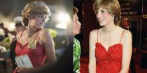 <p>While posing for photographers during her royal tour of Australia and New Zealand, actress Emma Corrin donned a dress similar to one Princess Diana wore in real life a few years prior to the tour. The show opted for flashier accessories for the look.</p><p><strong>RELATED</strong>: <a href="https://www.goodhousekeeping.com/life/inspirational-stories/g2572/princess-diana-photos/" rel="nofollow noopener" target="_blank" data-ylk="slk:A Look Back at Princess Diana's Life in Photos;elm:context_link;itc:0;sec:content-canvas" class="link ">A Look Back at Princess Diana's Life in Photos</a></p>