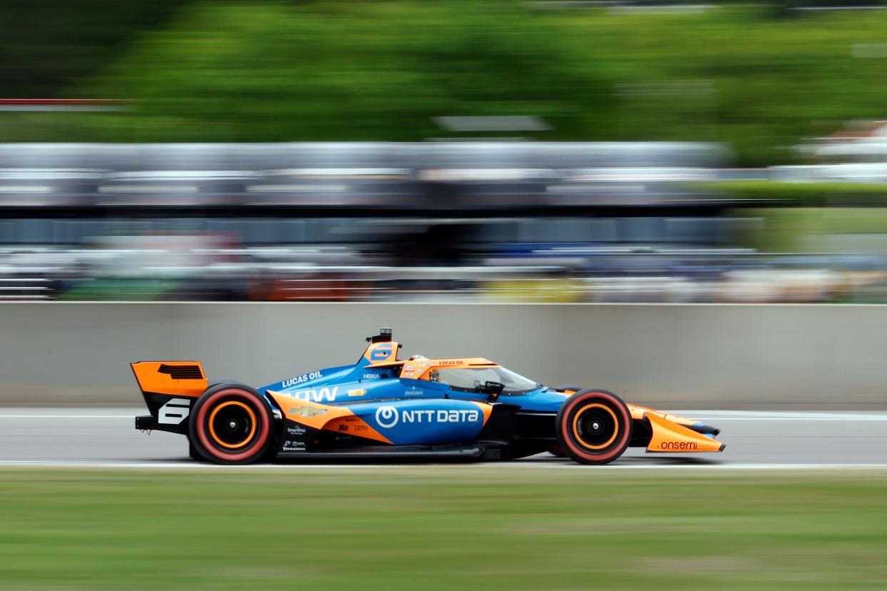 Apr 28, 2024; Birmingham, Alabama, USA; Theo Pourchaire (6) of France drives on the front stretch at Barber Motorsports Park. Mandatory Credit: Butch Dill-USA TODAY Sports