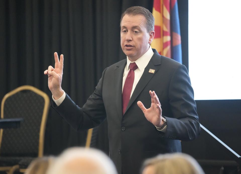 Arizona GOP Chairman Jeff DeWit speaks on April 17, 2023, during a Legislative District 13 meeting to nominate three candidates to replace Liz Harris, the expelled state House of Representatives member.