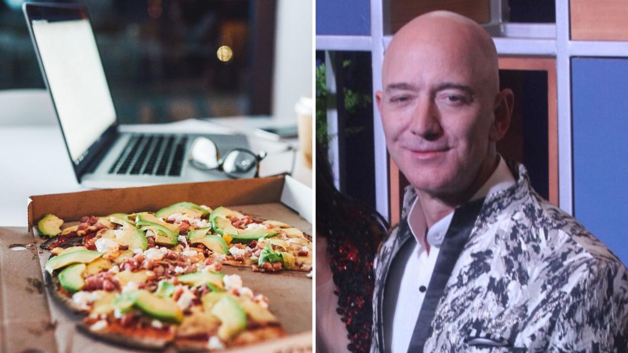 A pizza and a notebook computer on the left, and Jeff Bezos on the right.