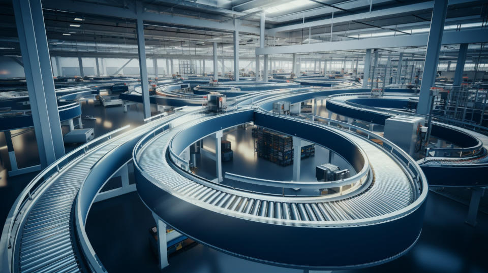 An aerial view of a modern manufacturing facility, its conveyor belts moving quickly.