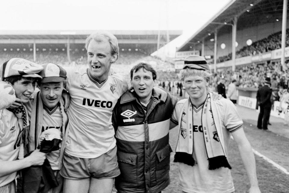 Graham Taylor celebrates with Nigel Callaghan, Les Taylor, George Reilly and Mo Johnston after their semi-final victory. <i>(Image: Watford Observer)</i>