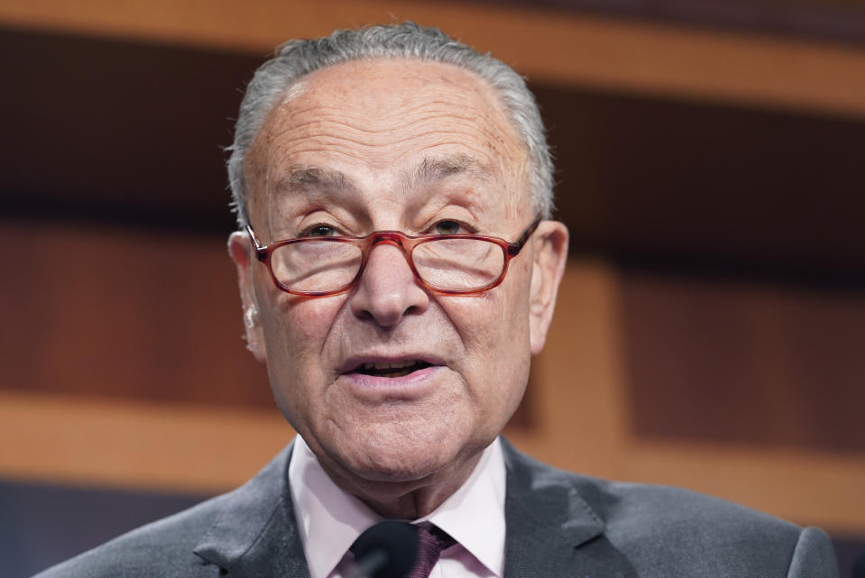 FILE - Senate Majority Leader Chuck Schumer of N.Y. speaks during a news conference Friday, Aug. 5, 2022, at the Capitol Hill in Washington. Democrats pushed their election-year economic package to Senate passage Sunday, Aug. 7, 2022, a compromise less ambitious than Biden’s original domestic vision but one that still meets party goals of slowing global warming, moderating pharmaceutical costs and taxing immense corporations. (AP Photo/Mariam Zuhaib, File)