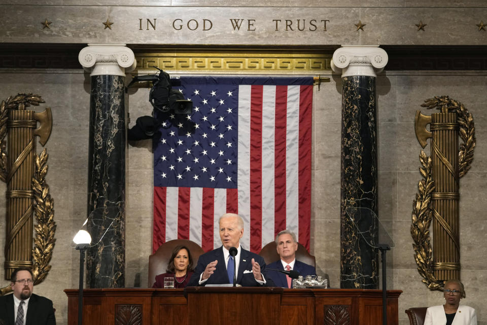 President Joe Biden delivers the State of the Union address to a joint session of Congress at the U.S. Capitol, Tuesday, Feb. 7, 2023, in Washington, as Vice President Kamala Harris and House Speaker Kevin McCarthy of Calif., watch. (AP Photo/Jacquelyn Martin, Pool)