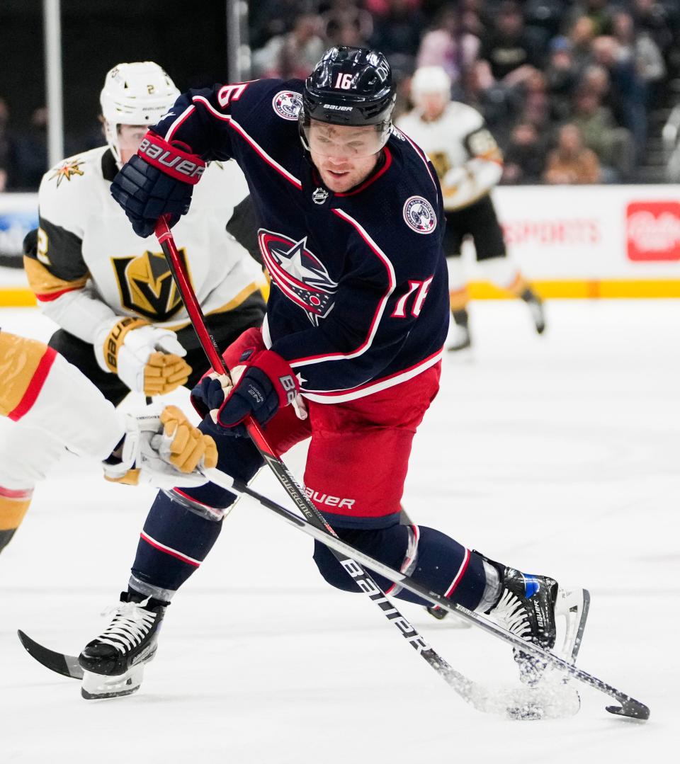 Sun., Mar. 13, 2022; Columbus, Ohio, USA; Columbus Blue Jackets center Max Domi (16) takes a shot during the third period of a NHL game between the Columbus Blue Jackets and the Vegas Golden Knights at Nationwide Arena. 