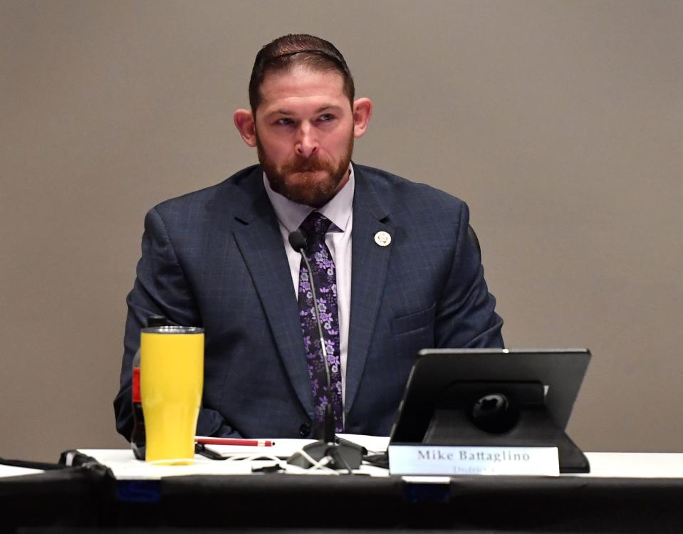 District Four Councilor Mike Battaglino in a city council meeting at the Ray Clymer Exhibit Hall in Wichita Falls.